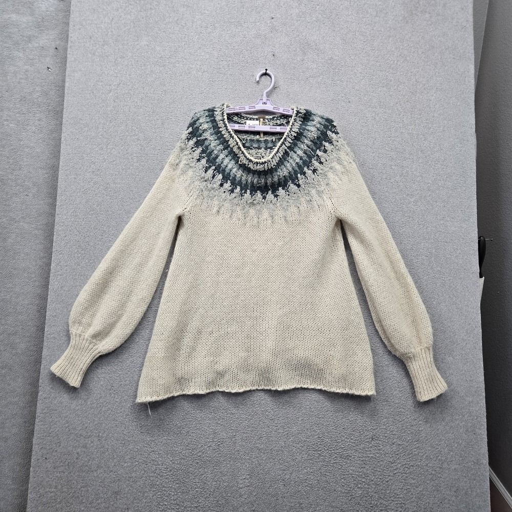Free People Women Sweater L Cream Acrylic Wool Geometric Baltic Fair Isle